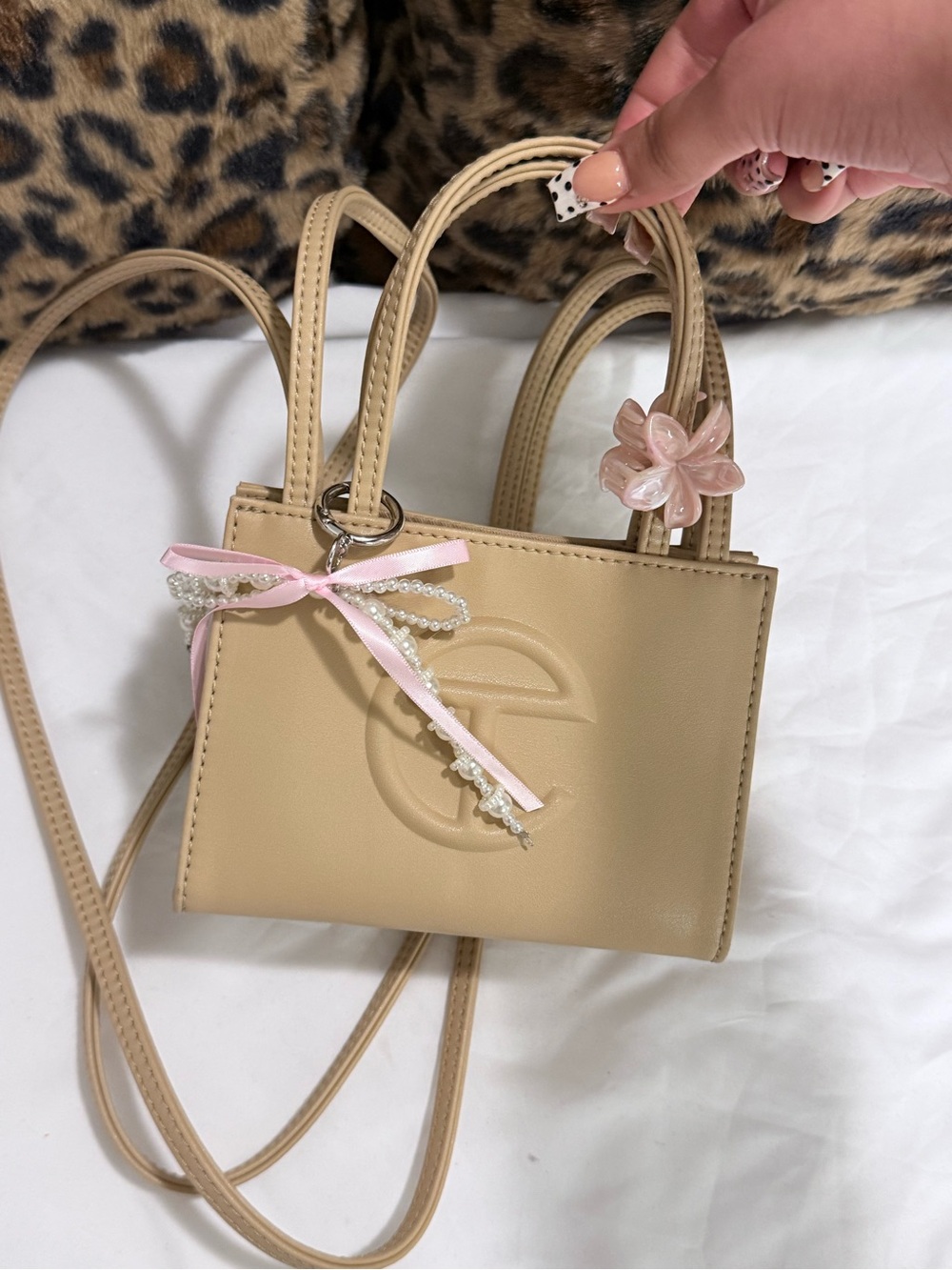 Telfar Beige Mini Crossbody with Pink Ribbon & Pearl Detail